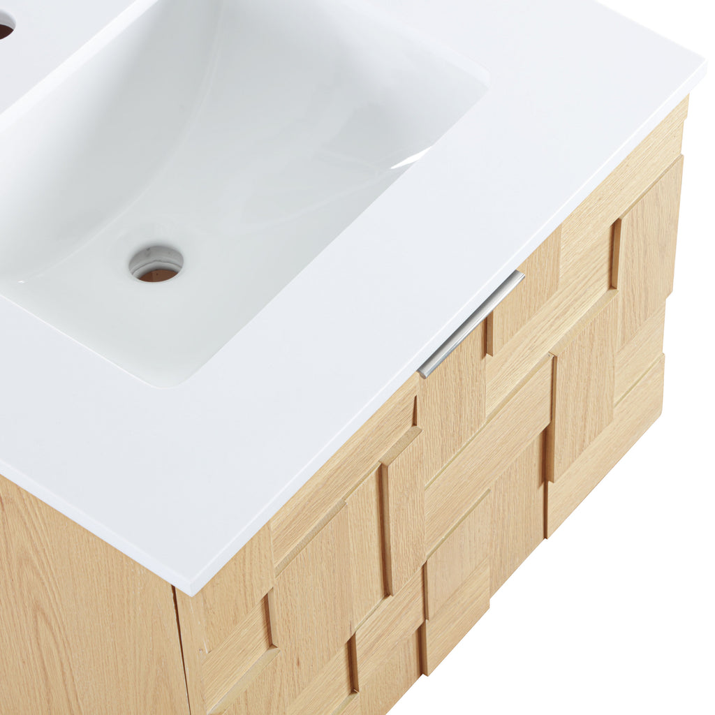 Leonardo White Engineered Stone And Solid Wood Wall Mounted Bathroom Vanity