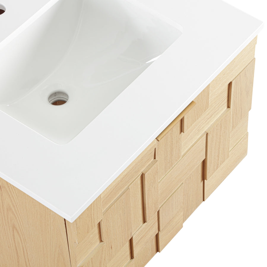 Leonardo White Engineered Stone And Solid Wood Wall Mounted Bathroom Vanity