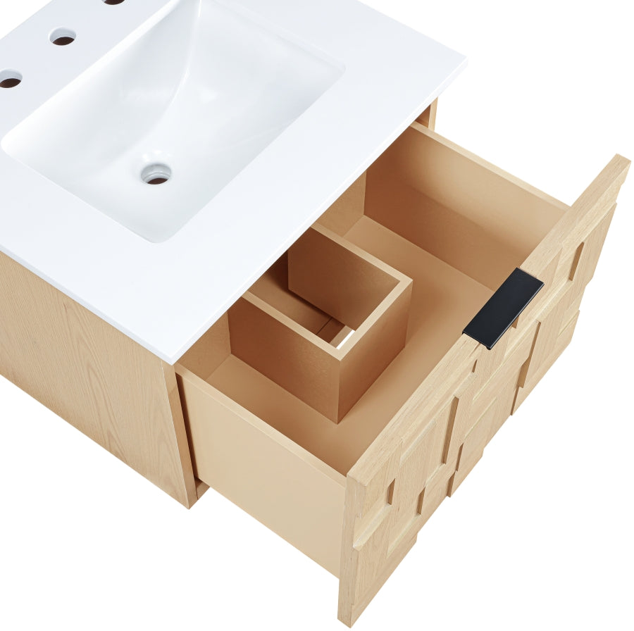 Leonardo White Engineered Stone And Solid Wood Wall Mounted Bathroom Vanity
