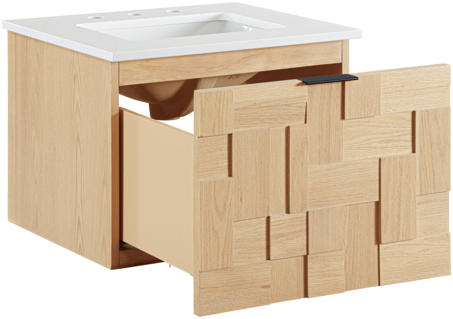Leonardo White Engineered Stone And Solid Wood Wall Mounted Bathroom Vanity