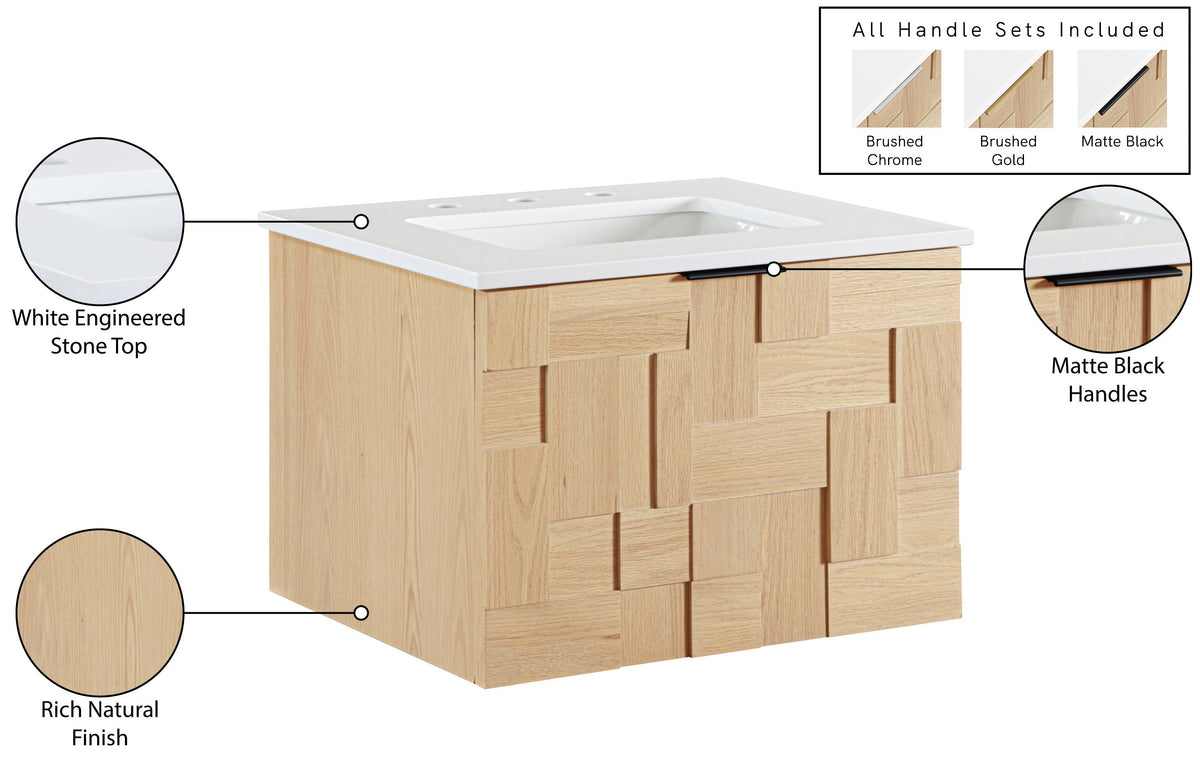 Leonardo White Engineered Stone And Solid Wood Wall Mounted Bathroom Vanity