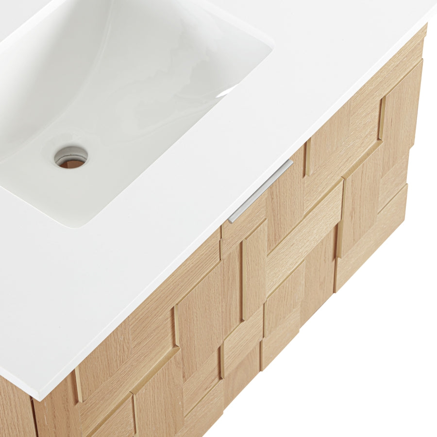 Leonardo White Engineered Stone And Solid Wood Wall Mounted Bathroom Vanity
