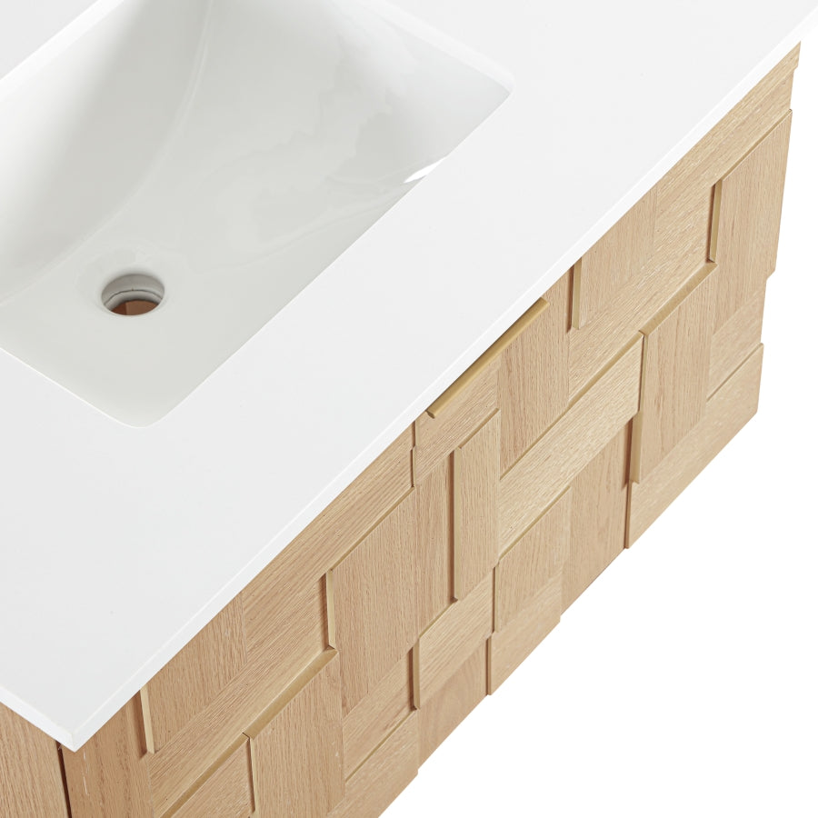 Leonardo White Engineered Stone And Solid Wood Wall Mounted Bathroom Vanity