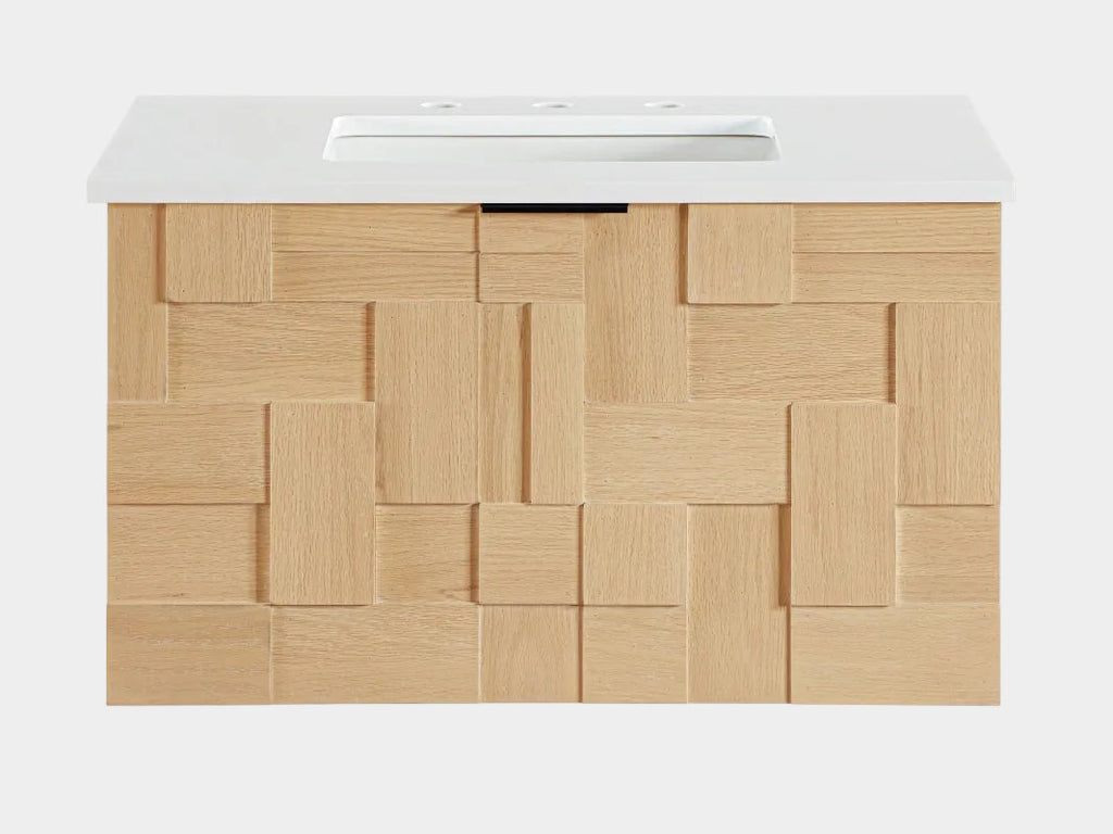 Leonardo White Engineered Stone And Solid Wood Wall Mounted Bathroom Vanity