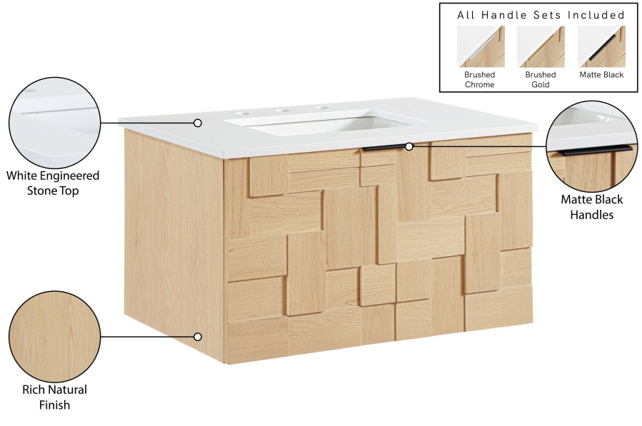Leonardo White Engineered Stone And Solid Wood Wall Mounted Bathroom Vanity