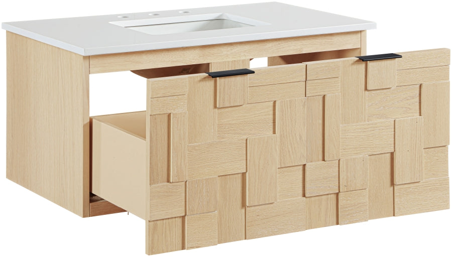 Leonardo White Engineered Stone And Solid Wood Wall Mounted Bathroom Vanity