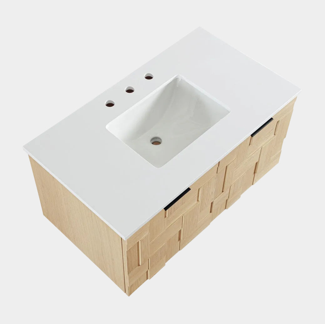 Leonardo White Engineered Stone And Solid Wood Wall Mounted Bathroom Vanity