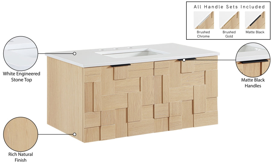 Leonardo White Engineered Stone And Solid Wood Wall Mounted Bathroom Vanity