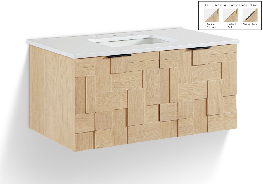 Leonardo White Engineered Stone And Solid Wood Wall Mounted Bathroom Vanity