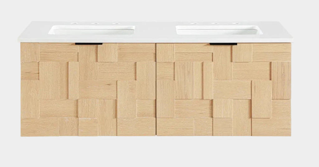 Leonardo White Engineered Stone And Solid Wood Wall Mounted Bathroom Vanity