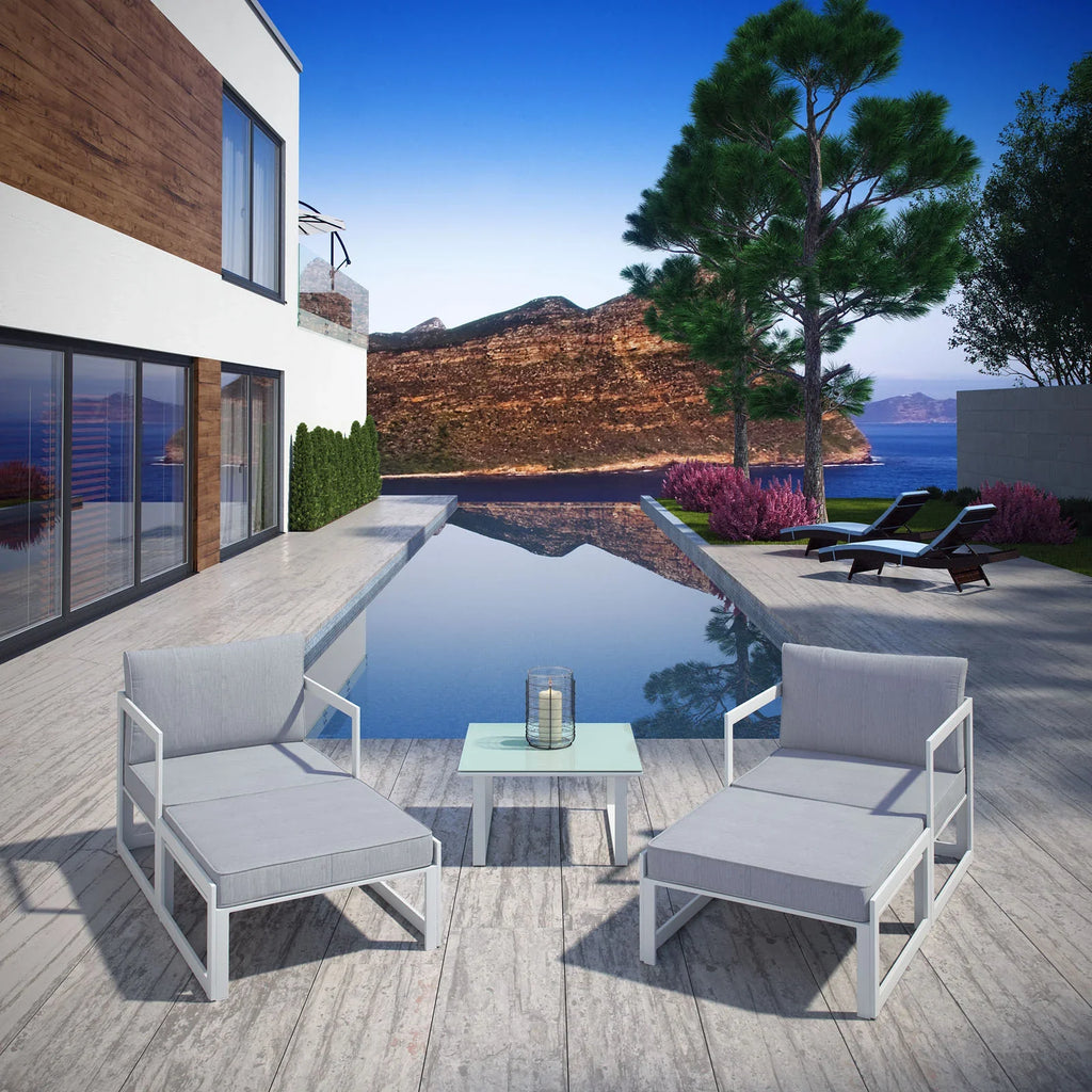 Fortuna 5 Piece Outdoor Patio Sectional Sofa Set in White Gray