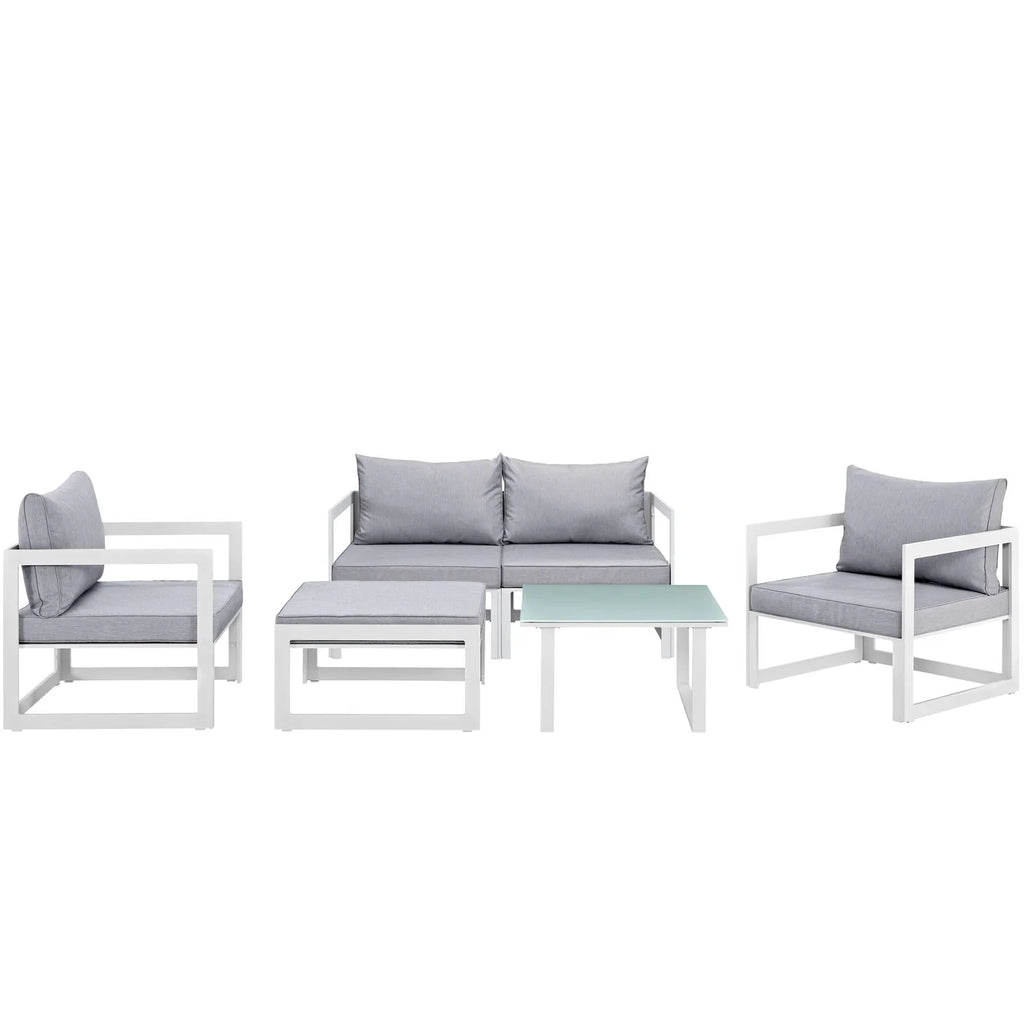 Fortuna 6 Piece Outdoor Patio Sectional Sofa Set in White Gray