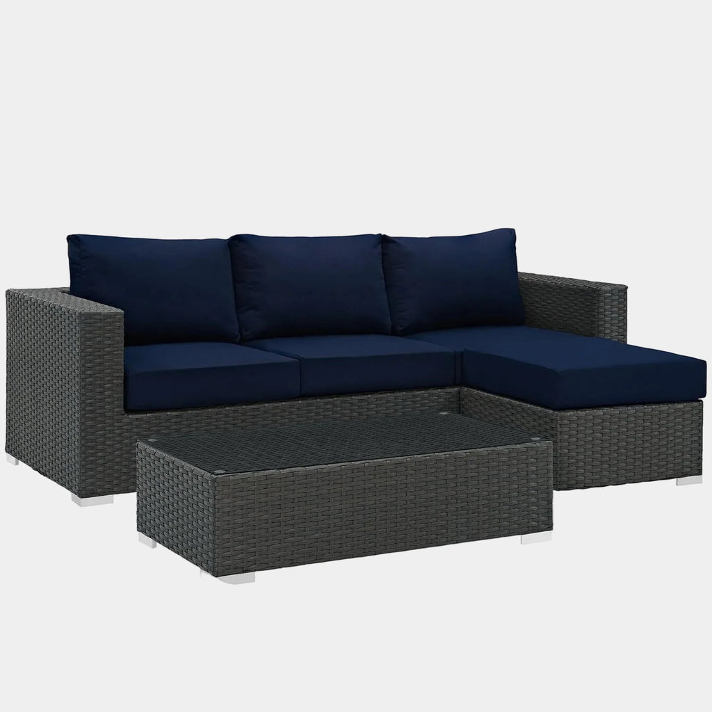 Sojourn 3 Piece Outdoor Patio Sunbrella® Sectional Set in Canvas Navy