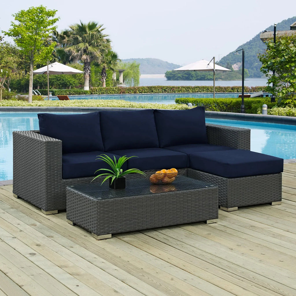 Sojourn 3 Piece Outdoor Patio Sunbrella® Sectional Set in Canvas Navy