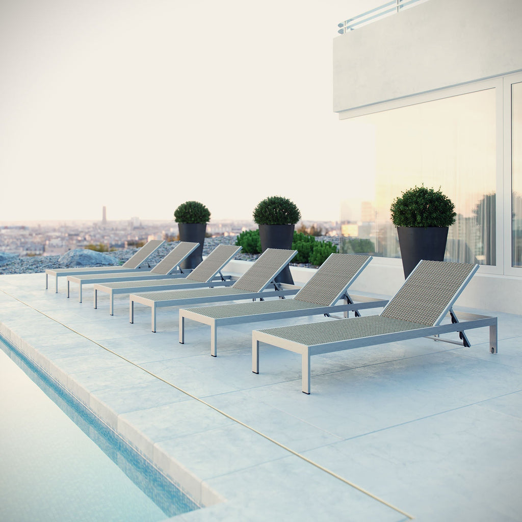 Shore Outdoor Patio Aluminum Chaise Set of 6 in Silver Gray