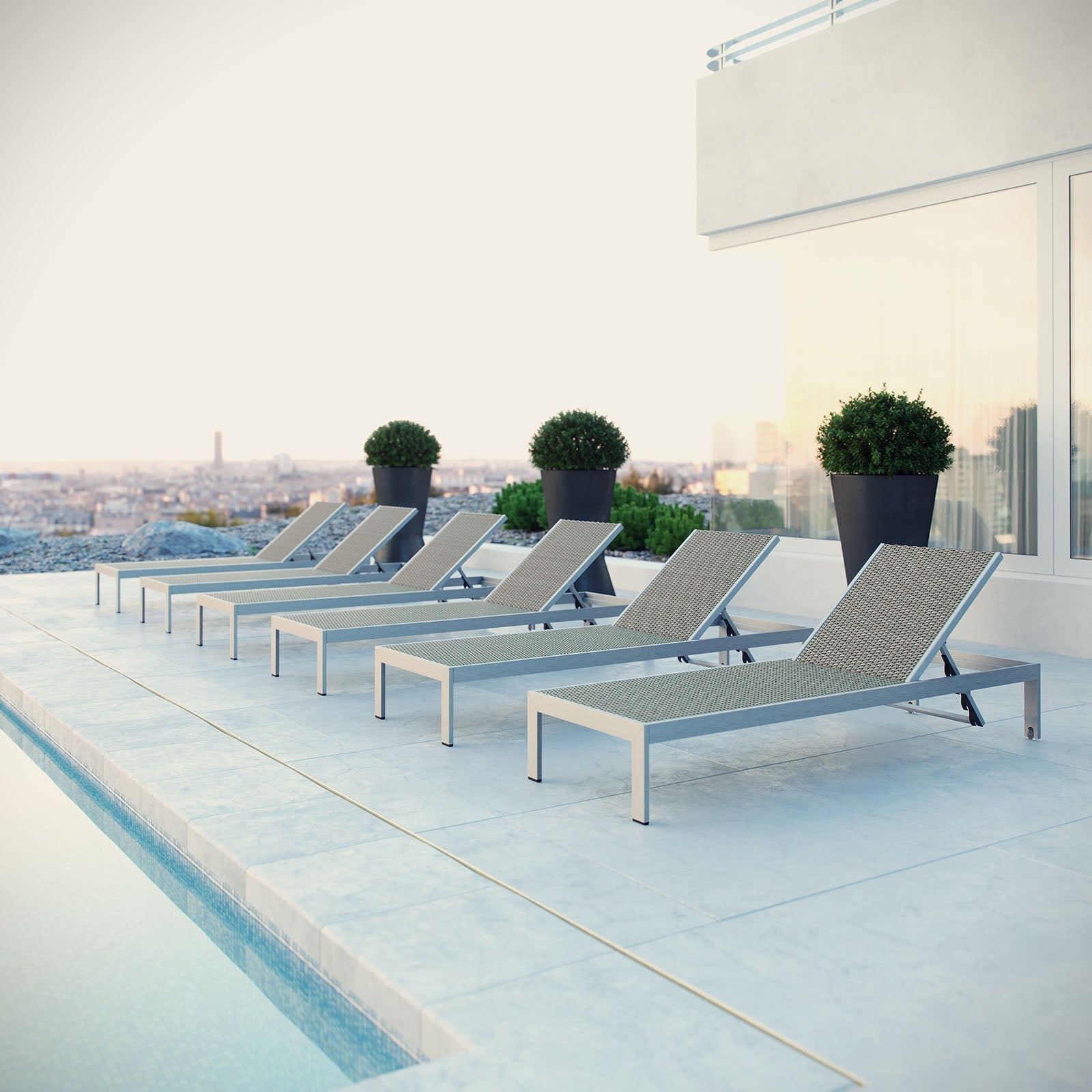 Shore Outdoor Patio Aluminum Chaise Set of 6 in Silver Gray