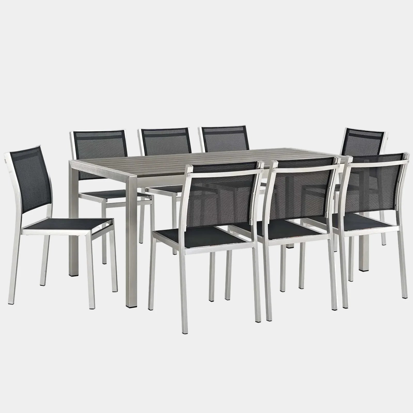 Shore 9 Piece Outdoor Patio Aluminum Dining Set in Silver Black
