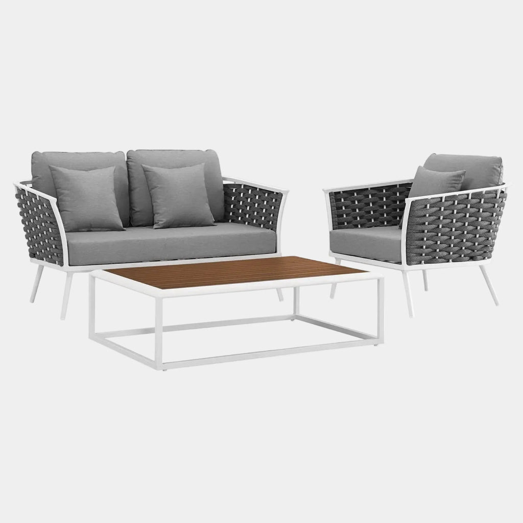 Stance 3 Piece Outdoor Aluminum Sectional Sofa Set in White Gray
