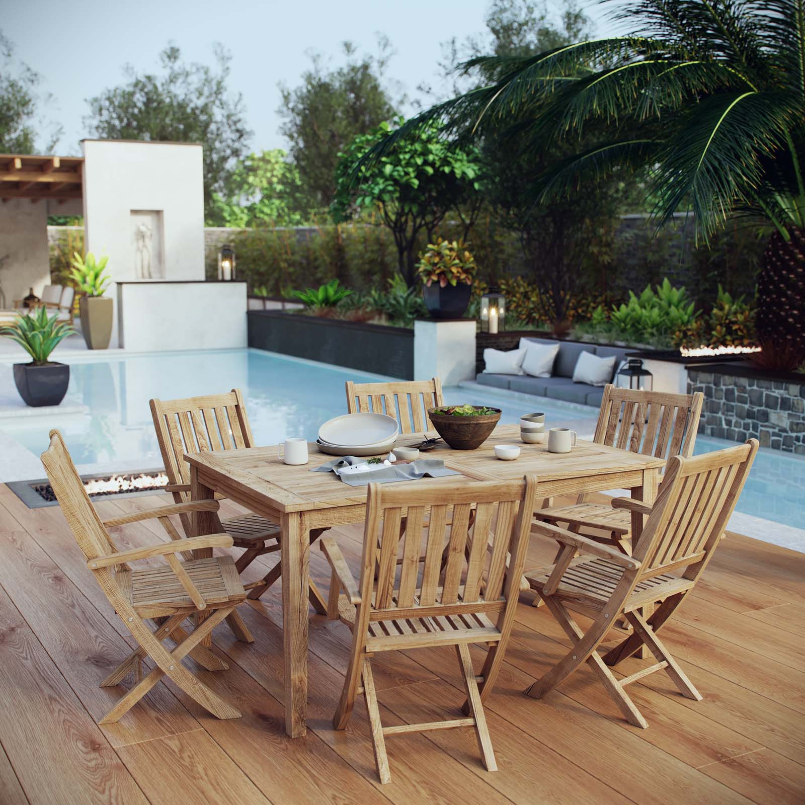 Marina 7 Piece Outdoor Patio Teak Dining Set in Natural