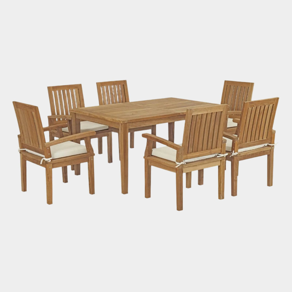 Marina 7 Piece Outdoor Patio Teak Dining Set in Natural White