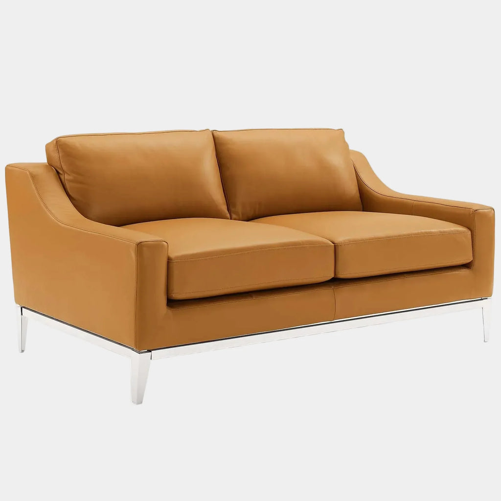 Harness 64" Stainless Steel Base Leather Loveseat in Tan