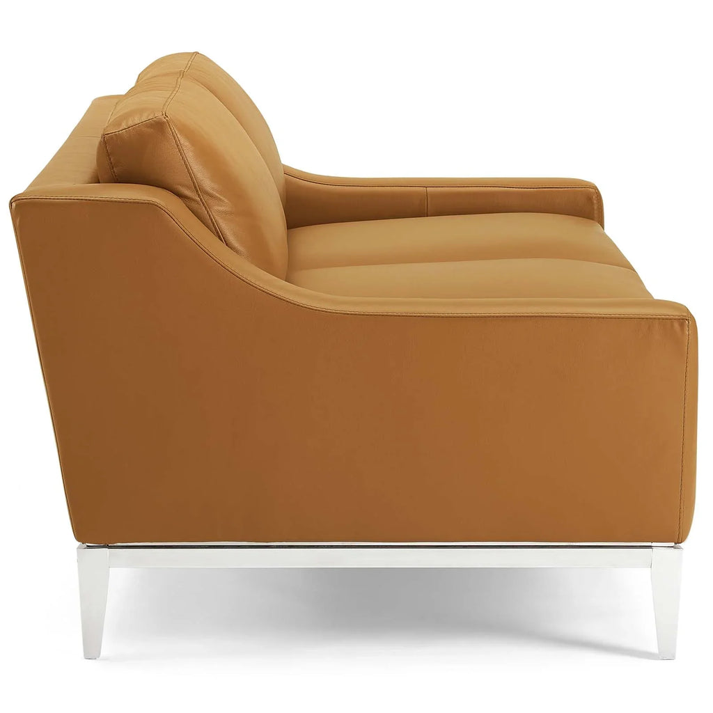 Harness 64" Stainless Steel Base Leather Loveseat in Tan