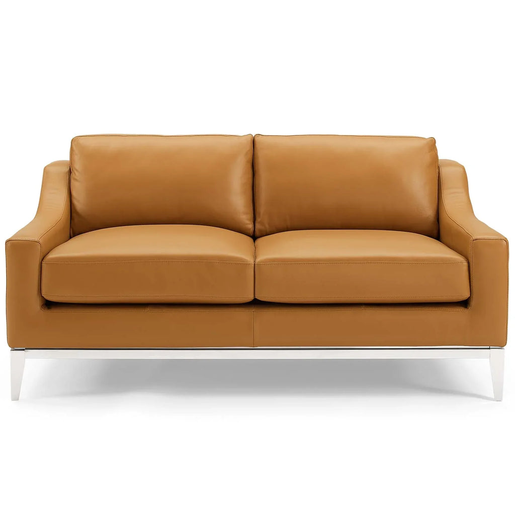 Harness 64" Stainless Steel Base Leather Loveseat in Tan