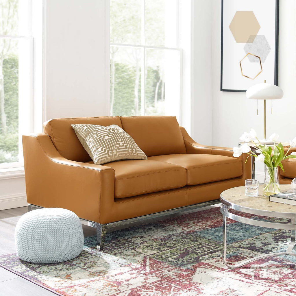 Harness 64" Stainless Steel Base Leather Loveseat in Tan