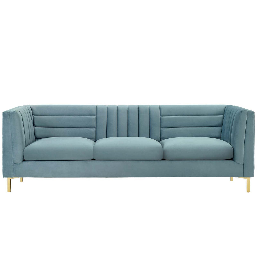 Ingenuity Channel Tufted Performance Velvet Sofa in Light Blue