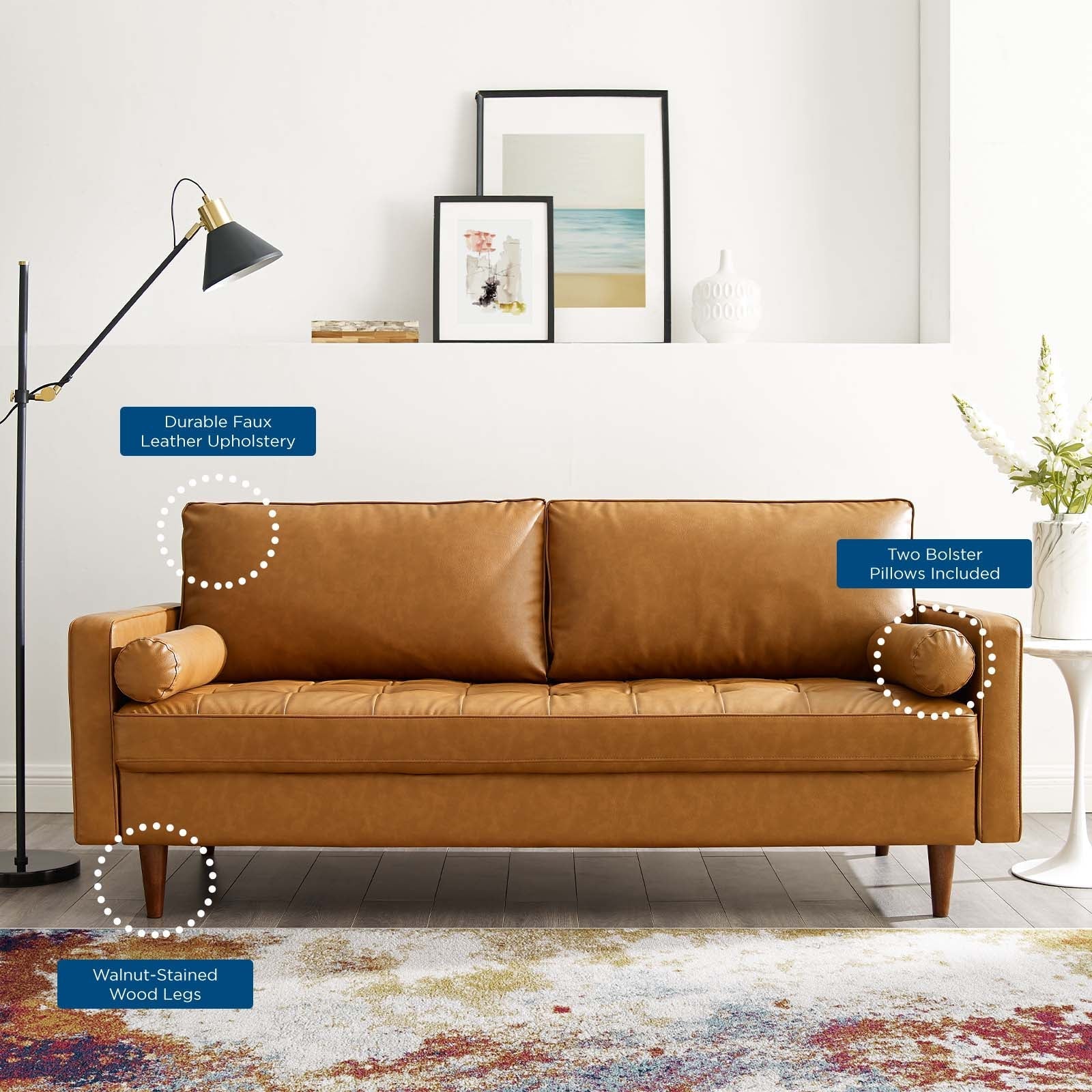 Valour Tufted Vegan Leather Sofa in Tan