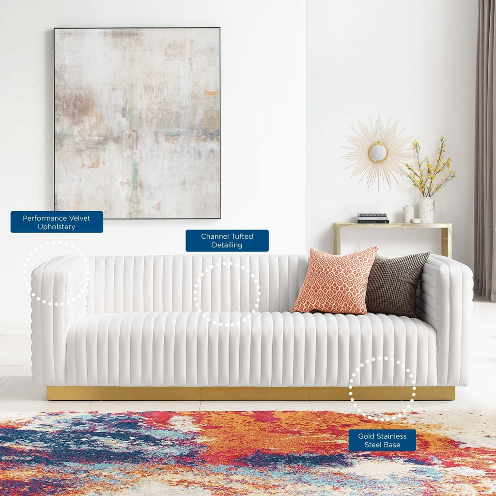 Charisma Channel Tufted Performance Velvet Living Room Sofa in White