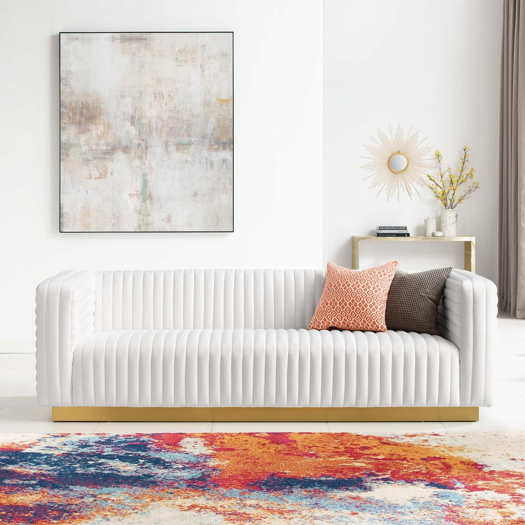 Charisma Channel Tufted Performance Velvet Living Room Sofa in White