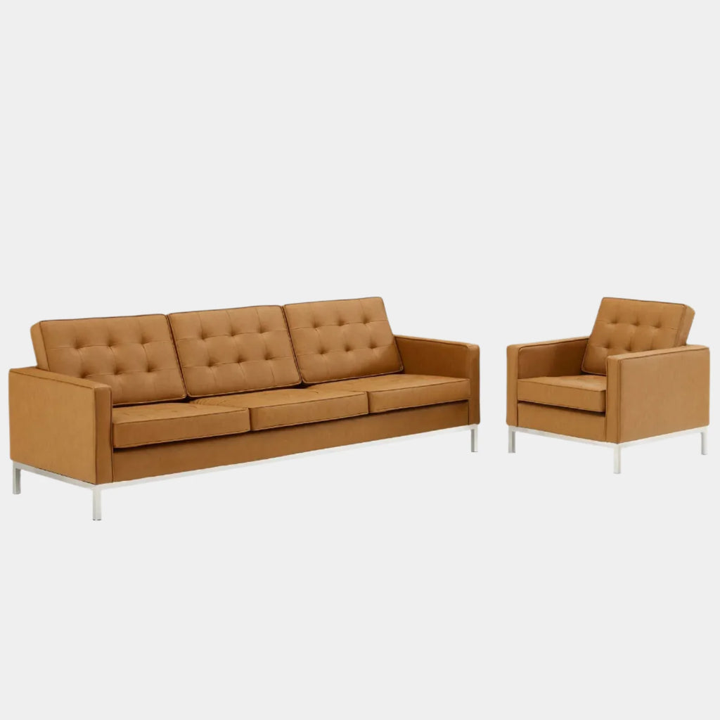 Loft Tufted Upholstered Faux Leather Sofa and Armchair Set