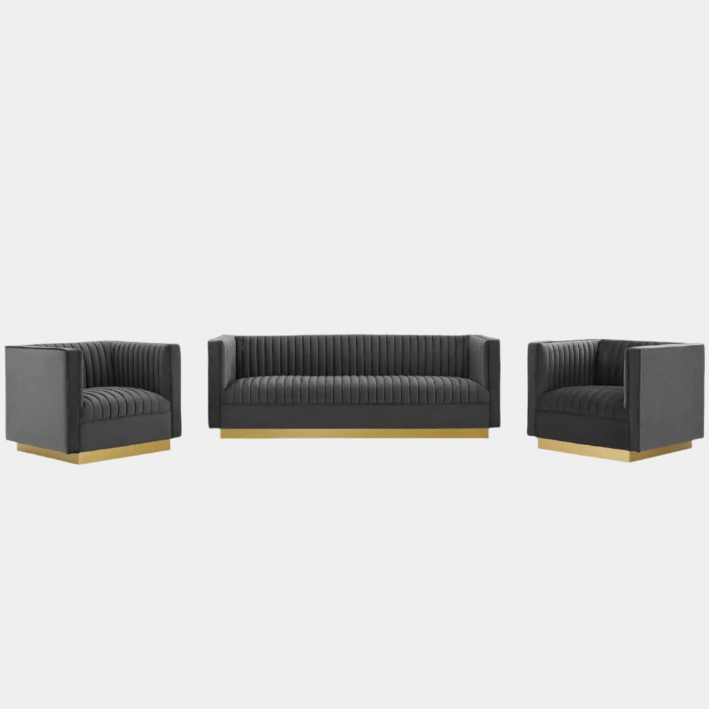 Sanguine 3 Piece Vertical Channel Tufted Upholstered Performance Velvet Set