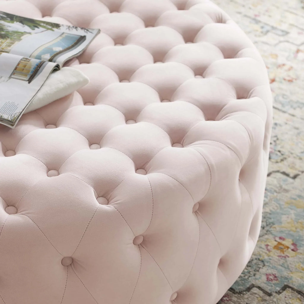 Ensconce Tufted Performance Velvet Round Ottoman in Pink