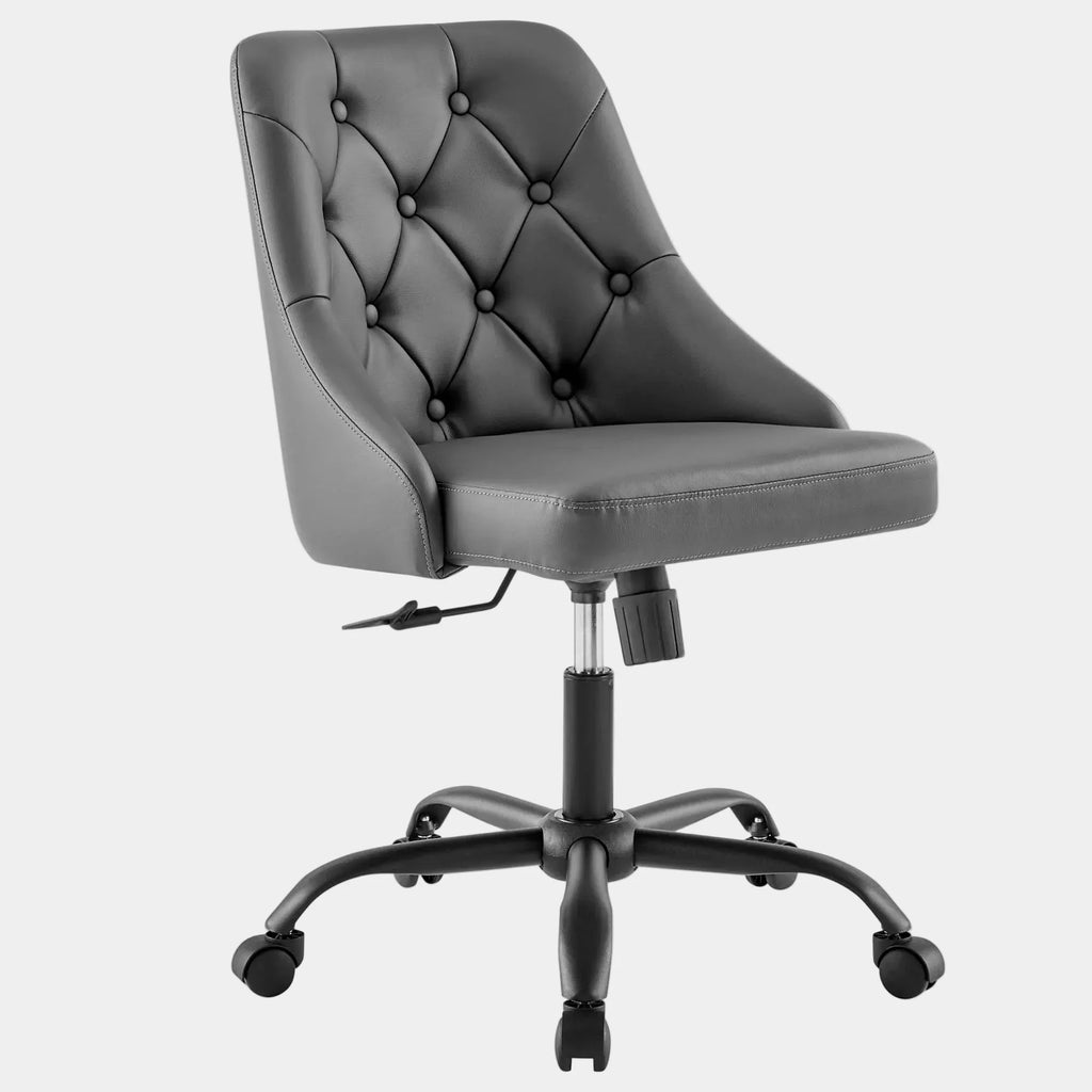 Distinct Tufted Swivel Vegan Leather Office Chair in Black Gray