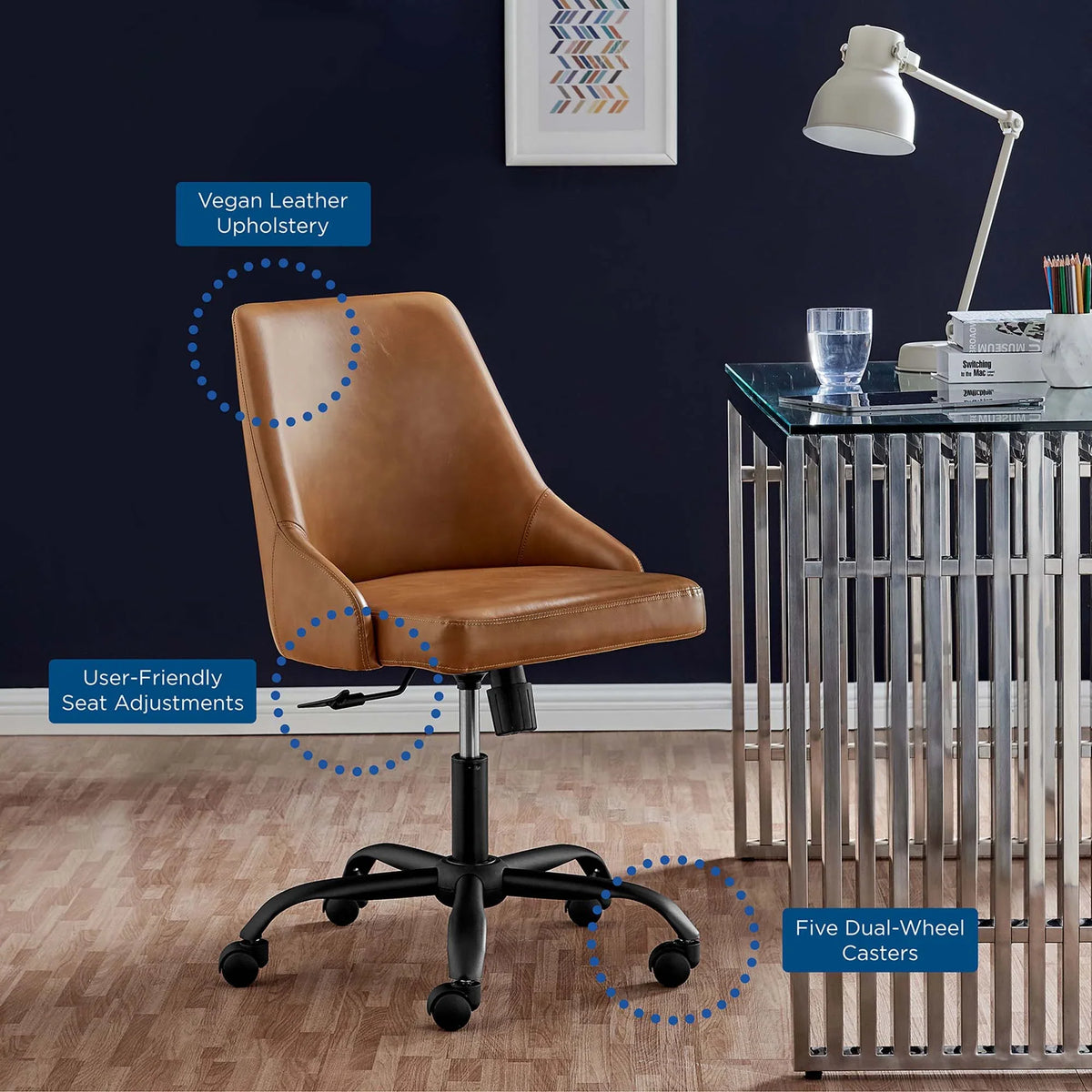 Designate Swivel Vegan Leather Office Chair in Black Tan