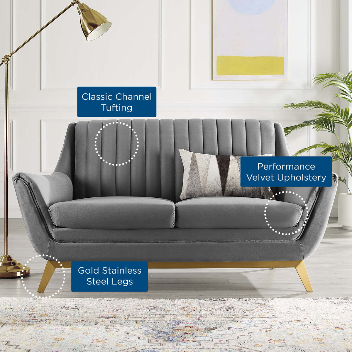 Winsome Channel Tufted Performance Velvet Loveseat in Gray