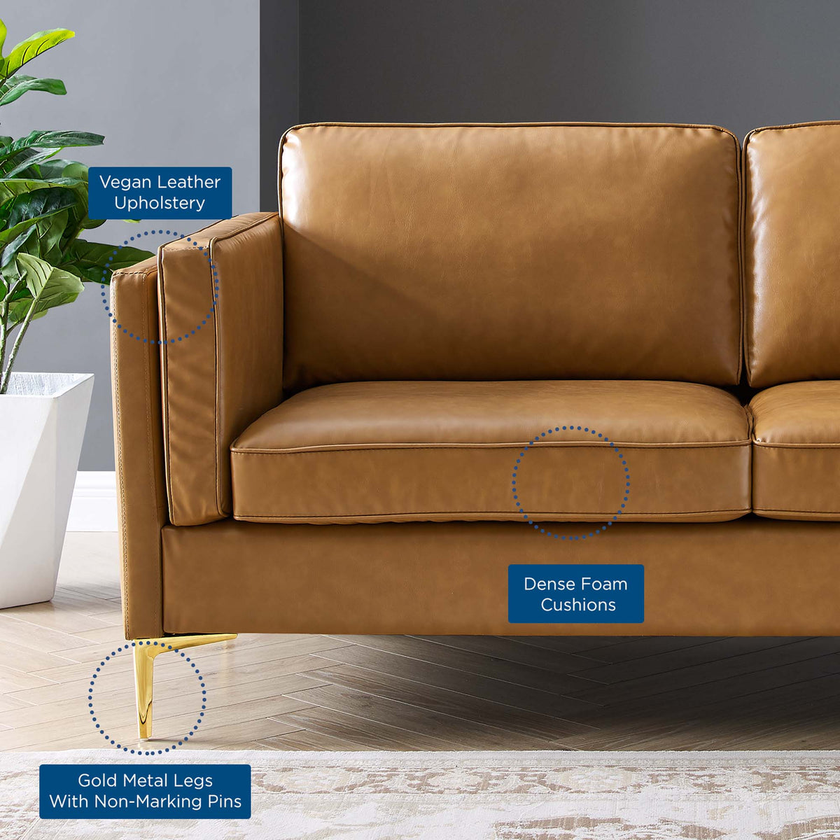 Kaiya Vegan Leather Sofa in Tan