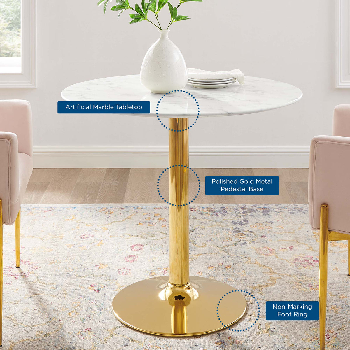 Verne 35" Artificial Marble Dining Table in Gold White
