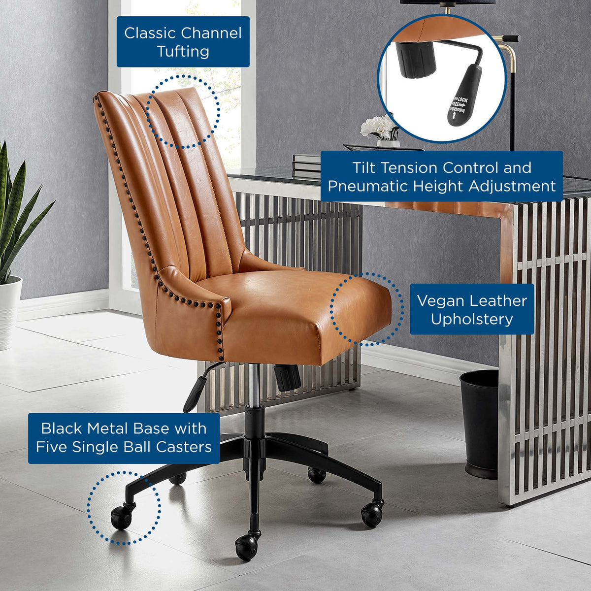 Empower Channel Tufted Vegan Leather Office Chair in Black Tan
