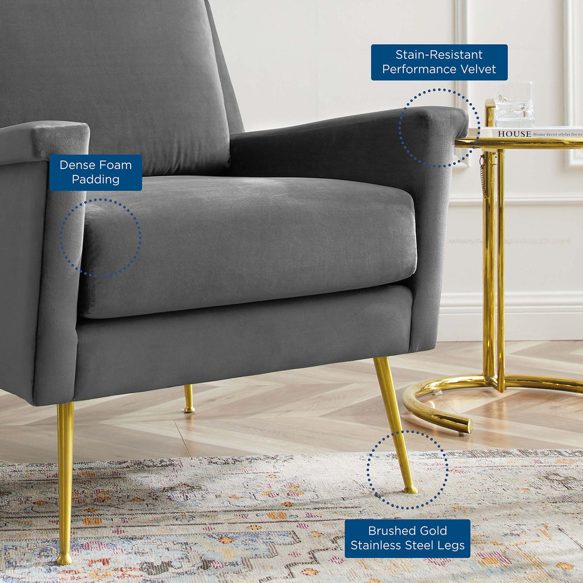Chesapeake Performance Velvet Armchair in Gold Gray