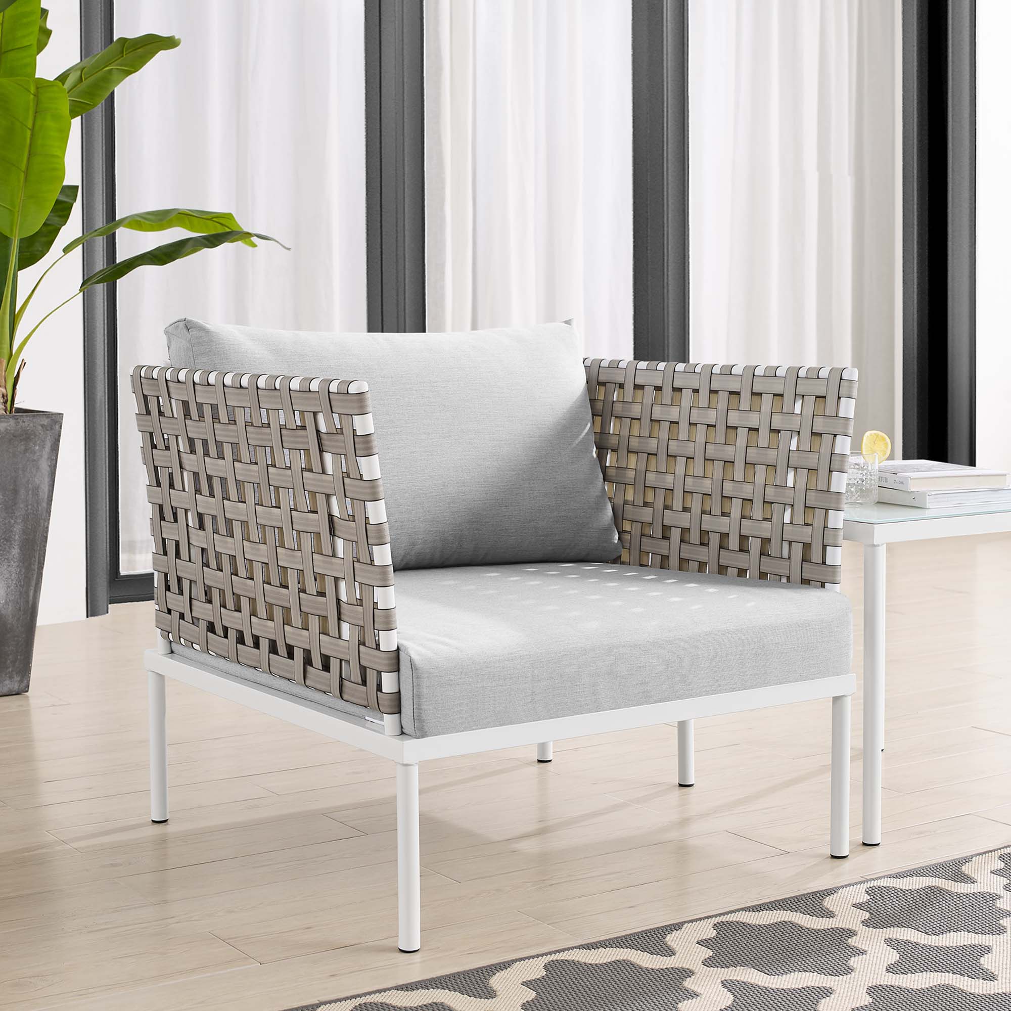 Harmony Sunbrella® Basket Weave Outdoor Patio Aluminum Armchair in Tan Gray