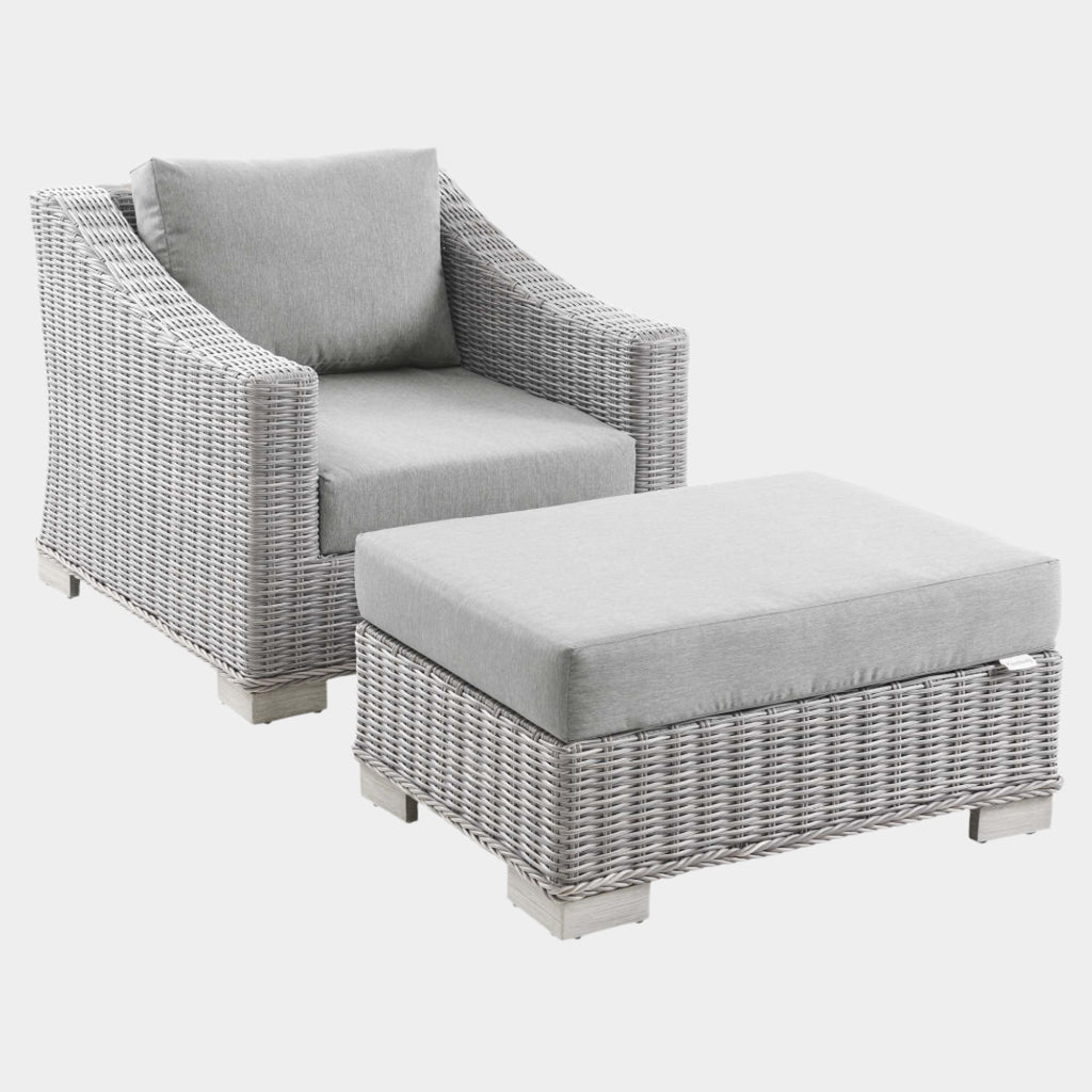 Conway 2-Piece Outdoor Patio Wicker Rattan Armchair and Ottoman Set