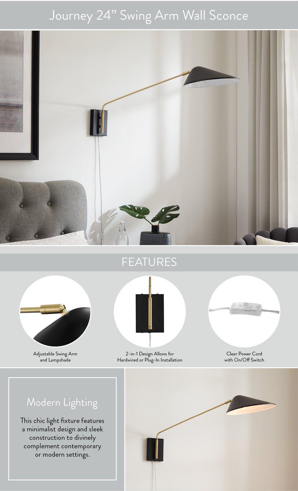 Journey 24" Swing Arm Wall Sconce in Black