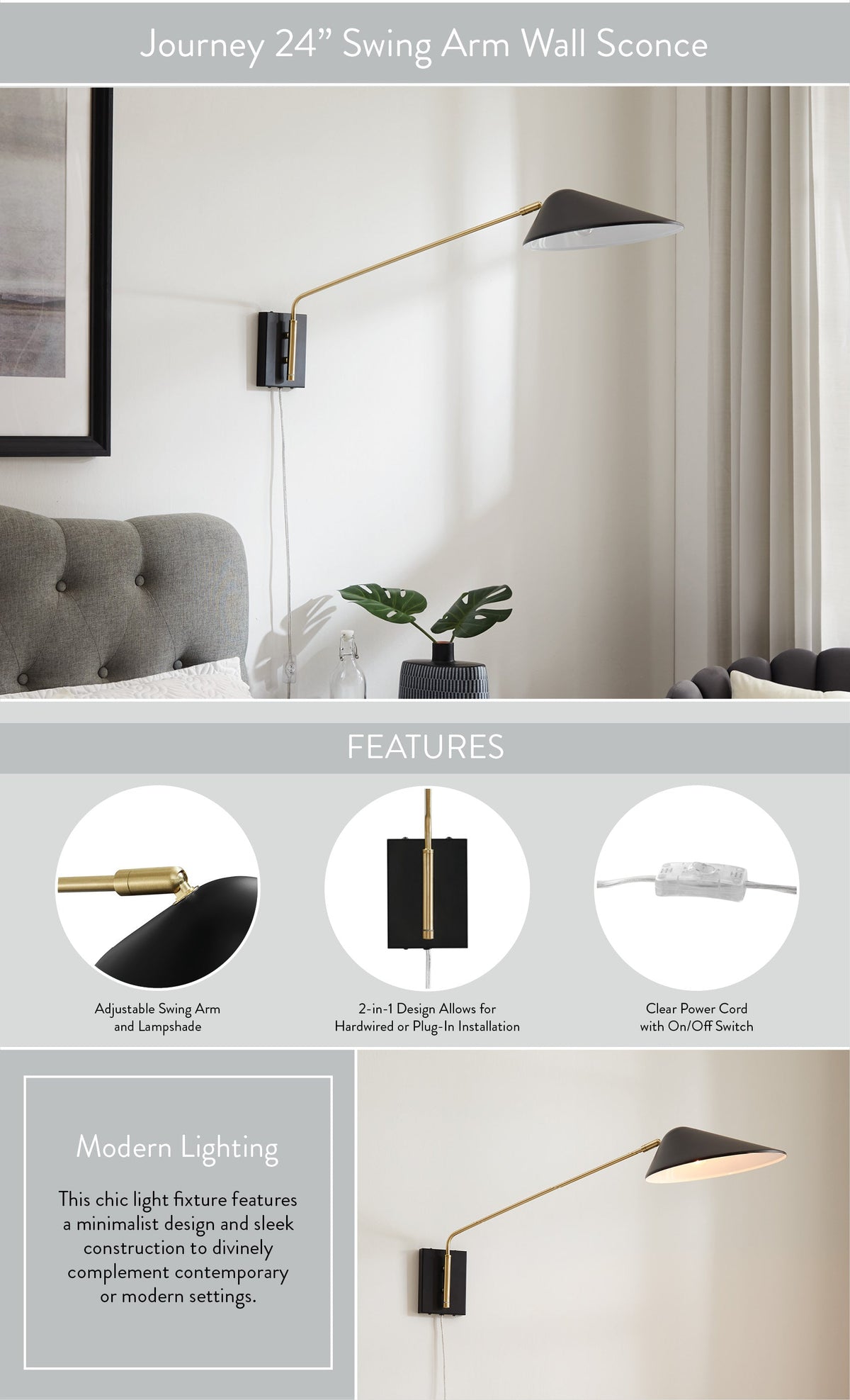 Journey 24" Swing Arm Wall Sconce in Black