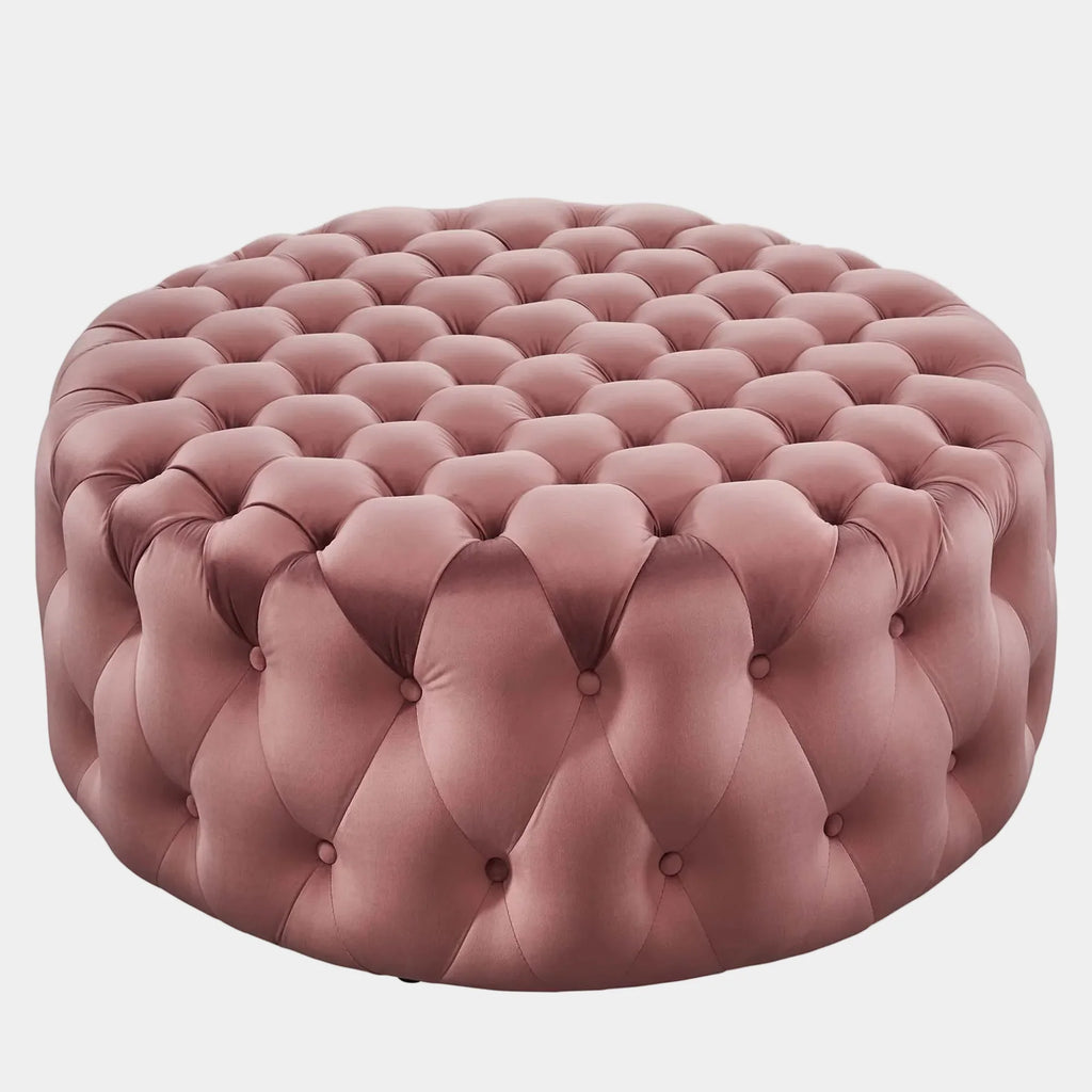 Amour Tufted Button Large Round Performance Velvet Ottoman