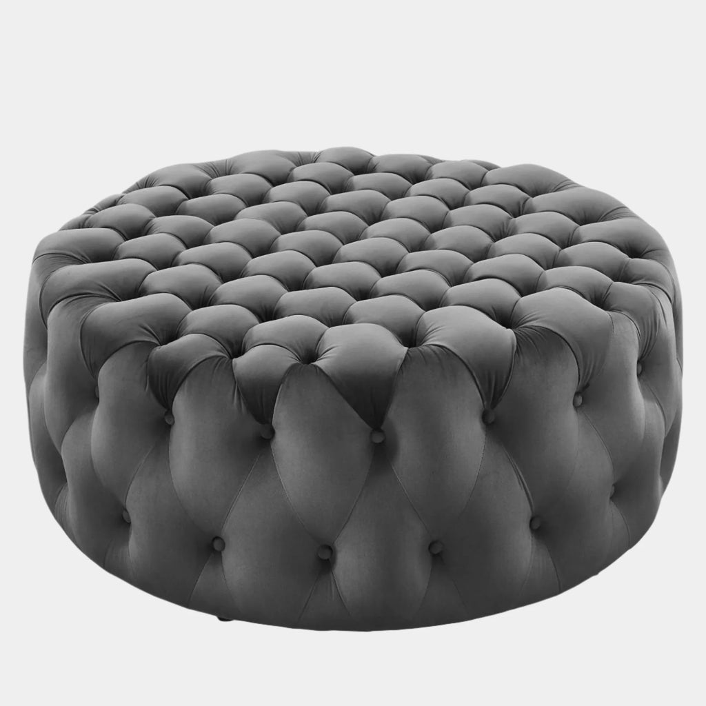Amour Tufted Button Large Round Performance Velvet Ottoman