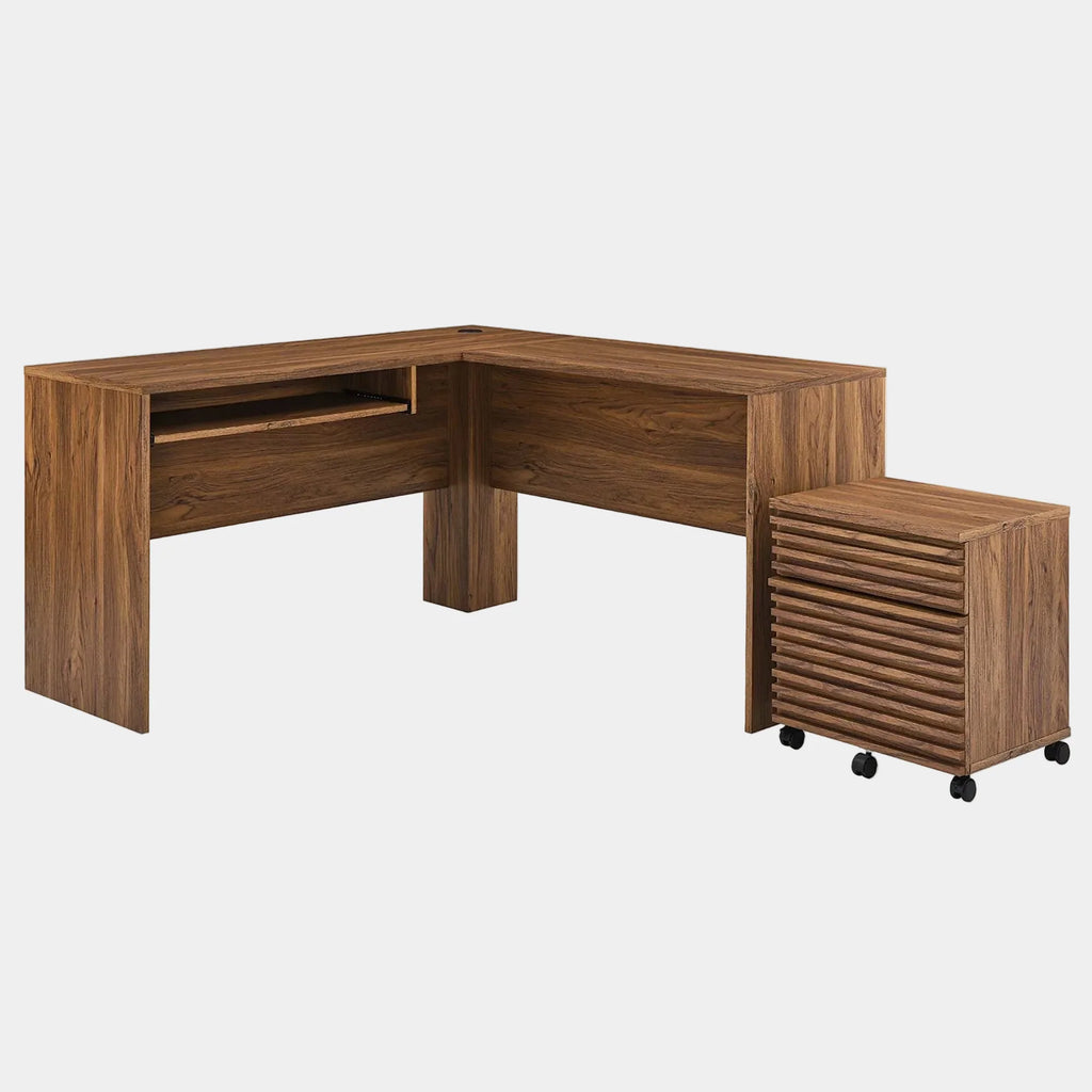 Render Wood Desk and File Cabinet Set in Walnut