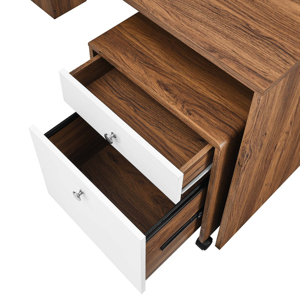 Transmit Wood Desk and File Cabinet Set in Walnut White